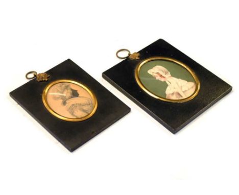 19th Century portrait miniature on card - Bespectacled lady with bonnet in profile, indistinctly inscribed in pencil verso 'J