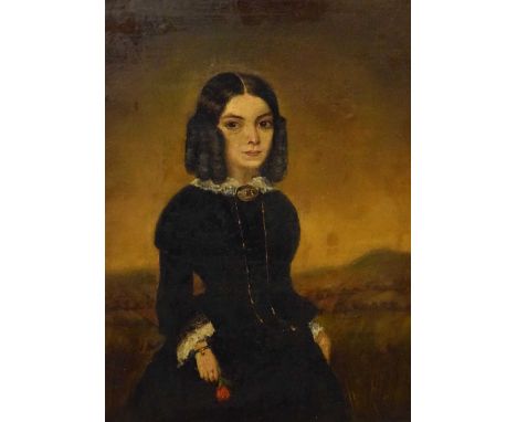 Oil on canvas - Portrait of a young lady holding a red rose, 29cm x 21cm, in swept gilt frame