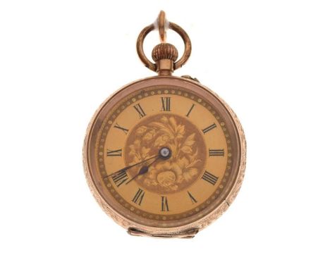Lady's 9ct yellow metal fob watch, having a Roman chapter ring framing central floral decoration, 33mm diameter (ex. winder),