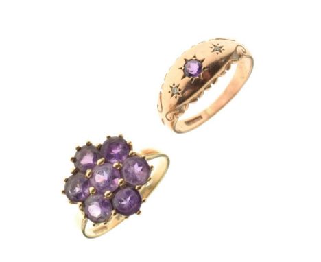 9ct gold ring gypsy set an amethyst-coloured stone and two diamonds, size K, and another 9ct gold cluster ring set amethyst-c