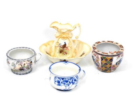 Pheasant printed wash hand jug and bowl, Japanese style planter, etc, 34cm and smaller