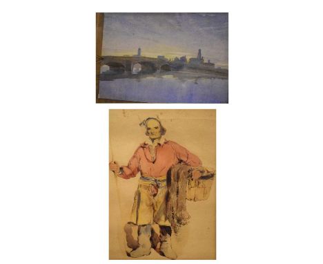 J.B. Christie - Watercolour - 'Marne Bridge 1917', 16cm x 24cm, together with a Portrait of a man, 25cm x 17cm, both framed a