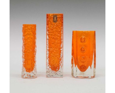 Whitefriars - 'Nailhead', 'Traffic Light', and 'Finger' vases in tangerine, 17cm high