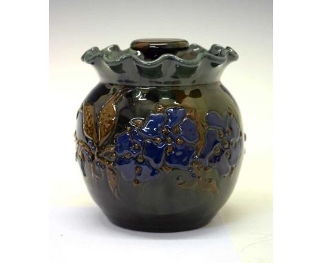 Elton Ware (Clevedon) pottery covered tobacco jar having floral decoration on a streaked blue/green ground, 14cm high