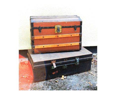 Tin trunk with Roshan Lal &amp; Brothers, Lahore paper label 91 x 47 x 32cm, together with a dome top timber-bound trunk