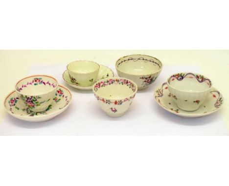 Group of late 18th Century teabowls and saucers, of fluted and lobed designs with floral decoration, comprising three pairs o