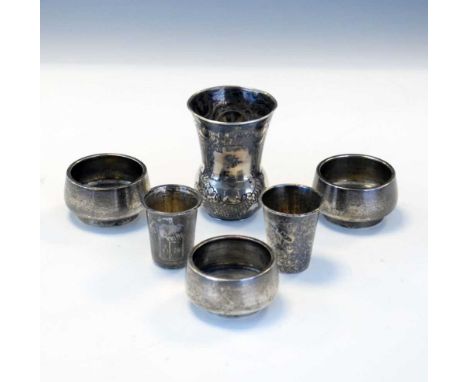 Set of three Russian silver salts, marks for Aleksandr Timofeyevich Shevyakov, Saint Petersburgh, together with two Russian s