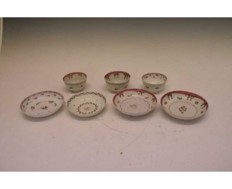 Three late 18th Century Newhall type tea bowls and saucers and another saucer
