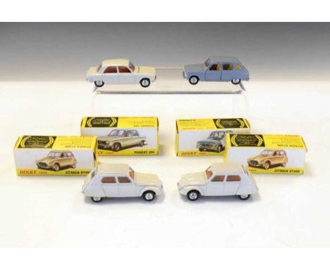 Four boxed Dinky Toys die cast model vehicles to include; Renault 6 (1453), Peugeot 204 (510) and 2 x Citroen Dyane (1413)