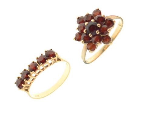 9ct gold cluster ring set garnet-coloured stones, size Q, and another dress ring set five garnet-coloured stones, stamped '75