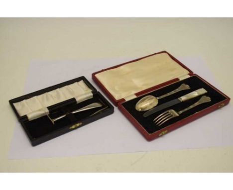 Cased Elizabeth II silver three-piece Christening set comprising silver spoon and fork together with a mother-of-pearl handle