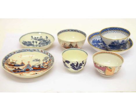 Group of 18th Century porcelain: Caughley blue and gilt teabowl and saucer, decorated with waterside pavilions; small early W