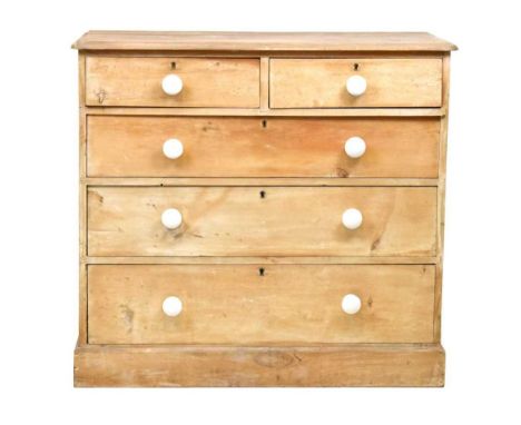 Pine chest of two short over three long drawers, with turned ceramic handles, 99cm x 45cm x 91cm high