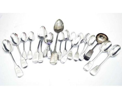 Group of silver Fiddle pattern flatware, comprising: William IV basting spoon and pair of William IV tablespoons, Exeter, 183