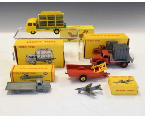 Five boxed vintage Dinky Toys diecast model vehicles comprising; Plateau Berliet Avec Container (34B), Supermarine 'Swift' Fi