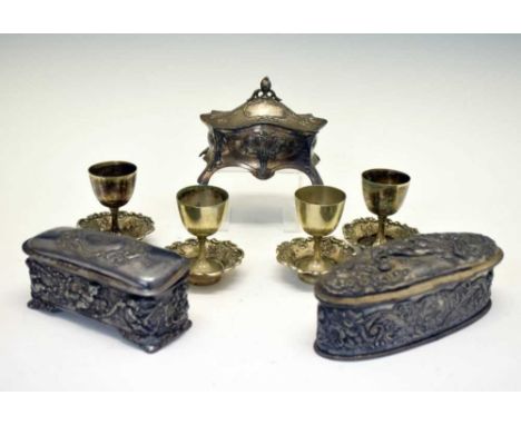 Quantity of plated items to include; WMF Art Nouveau style tabletop box, Indian brass jug, etc