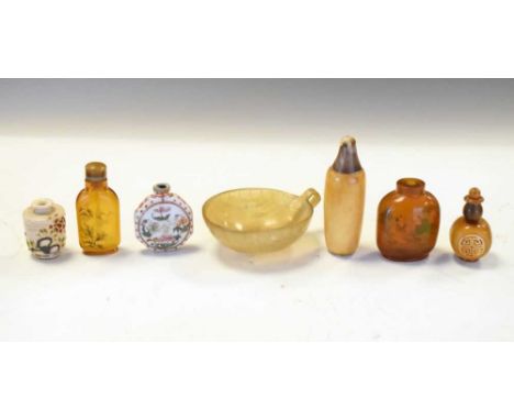 Group of assorted snuff and scent bottles, comprising an octagonal porcelain flask-form example with seal-type mark, no stopp