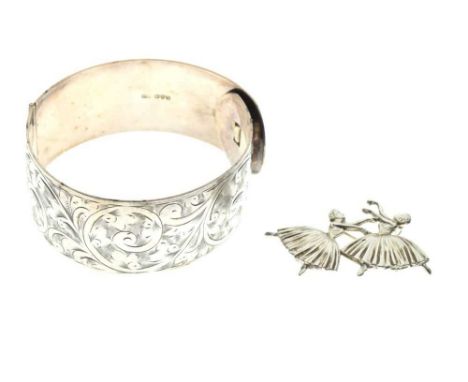 Edward VIII engraved silver bangle, Chester 1936, together with a silver brooch depicting two ballerinas (2)