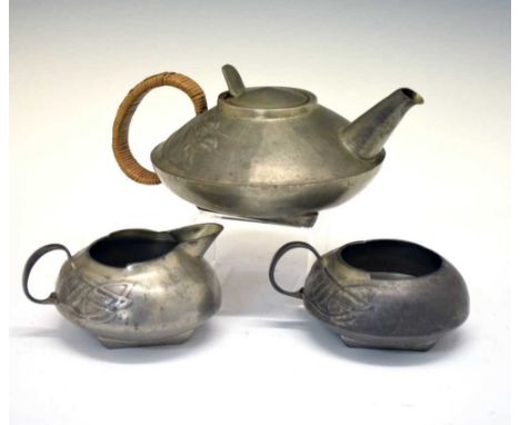 Archibald Knox for Liberty - Tudric pewter three piece tea set 0231, Rd No 420290, comprising teapot with can handle, milk ju