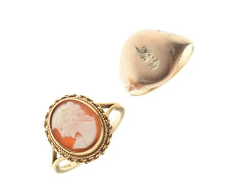 9ct gold cameo ring, size O, and a signet ring with indistinct marks, size K, 6.7g gross approx