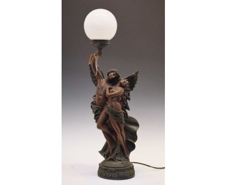 Cast resin figural table lamp modelled as an angel and companion, 77cm high including opaque white glass spherical shade