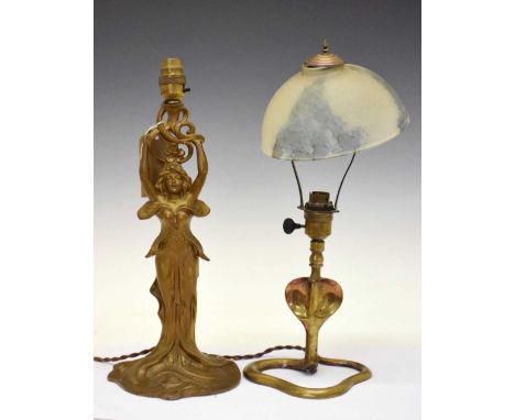 Art Nouveau bronzed spelter figural lamp, modelled as a lady in flowing dress, 34.5cm high excluding fittings, together with 