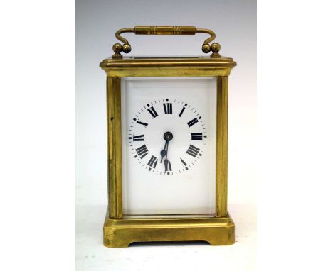 French brass carriage clock with white Roman dial, 9cm x 11cm high (ex. handle)