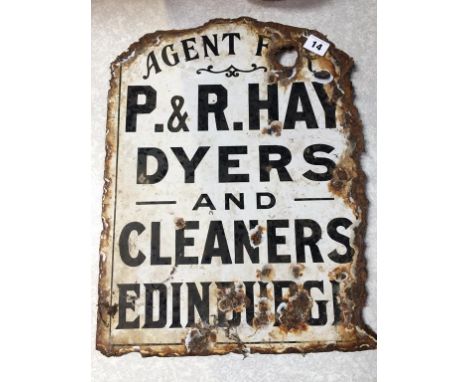 An enamelled sign, 'P. and R. Hay Dyers and Cleaners Edinburgh'