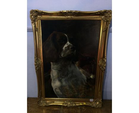 Signed, oil on board, 'Portrait of a Spaniel with pheasants', 75 x 49cm