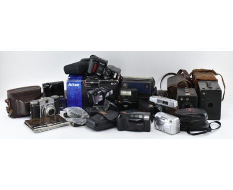 A collection of early-late 20th century cameras and camera accessories. The lot to include an Ensign box camera model E29 in 