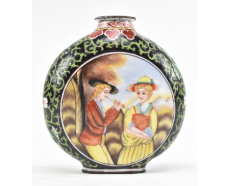 A Chinese enamelled snuff bottle decorated in a European style. The flask shaped as a snuff bottle decorated with female figu
