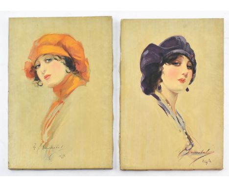 William Henry Barribal&nbsp;(British, 1874-1952) - Two 20th century prints on canvas Art Deco inspired portrait paintings. Th