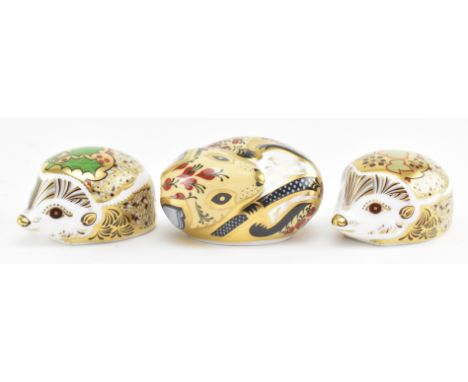 Royal Crown Derby - three fine bone china paperweight in the form of animals. Comprising two hedgehogs titled Holly and Ivy, 