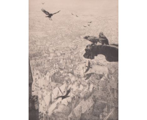 George Marples - Jackdaws of Chartres - an early 20th century drypoint etching. The etching depicting two birds seated atop a