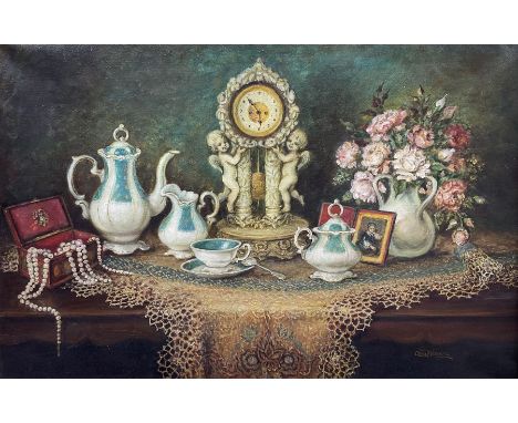 Anna Meszaros (Hungarian 1905-1998): Still Life of Tea Set and Mantle Clock on Table, oil on canvas signed 60cm x 90cm