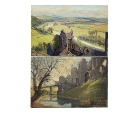Arthur Tunstall (British mid/late 20th century): 'Goodrich Castle on the River Wye' and a companion Castle view,  pair oils o
