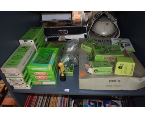 A shelf of mixed vintage Subbuteo including eleven early complete teams, Newcastle , Crystal Palace, Liverpool, W.Germany, En