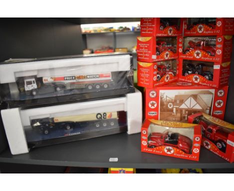 A shelf of modern diecasts including two Corgi 1:50 scale Fuel Tankers, Q8 &amp; Esso along with Texaco Old Timer Collection 