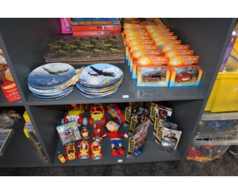 Two shelves of modern diecasts and collectables including Lledo Custom Classics, Corgi 007, Noddy, Matchbox Planes and Royal 
