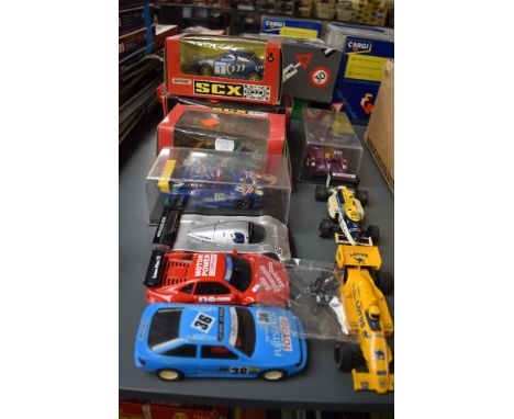 Ten Hornby, Matchbox and similar Scalextric Cars including Porsche 959 BP, Subaru, Opel etc and a Fly Panoz Esperante GTR-1 T