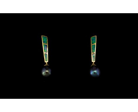 14ct Gold Black Pearl And Opal Drop Earrings Geometric form drop earrings comprising stylised 14ct gold shard form drops set 