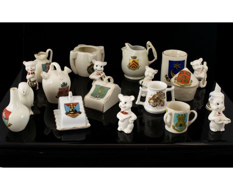 A Collection of Miniature Ceramic Crestware with coats of arms/emblems from various towns and places of interest.  Includes m