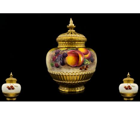 Royal Worcester Superb Quality - Hand Painted Oviform Shaped ' Fruits ' Pot Pouri Vase with Cover. Fruits Still Life - Peache