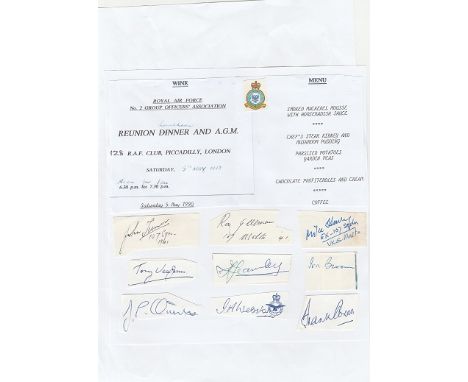 Nine WW2 Bomber ace autographs. Signatures and details of RAF Bomber Command No. 2 Group Officers Association lunch held at t