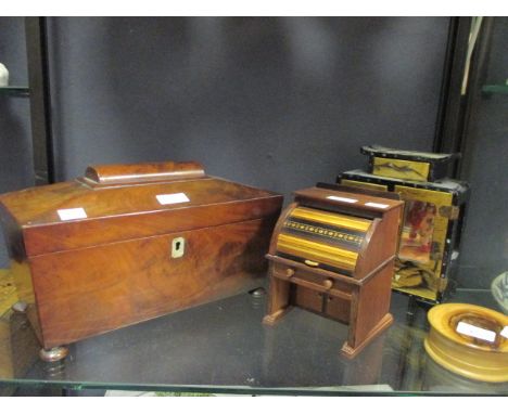 A mid 18th century mahogany tea caddy and other items (4)  