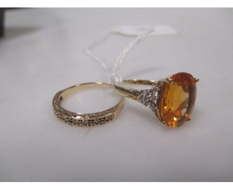 A 9ct golden-yellow citrine and diamond ring, size Q and a 9ct half hoop diamond eternity ring, size R (2)  