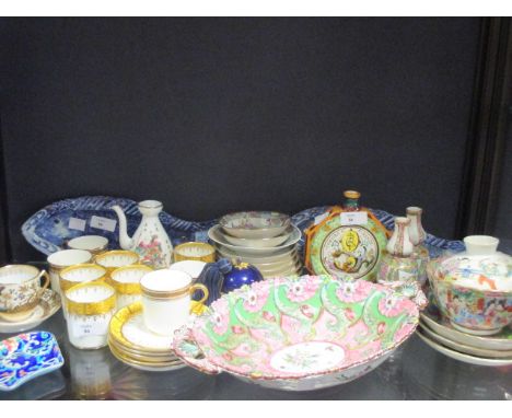 Various pottery and porcelain, to include a pair of Delft fish shape dishes, marked 'EK'; a part Cauldon coffee set, Maiolica