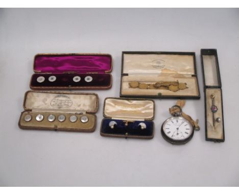 Cased dress buttons, hat pins and Swiss silver case pocket watch etc  