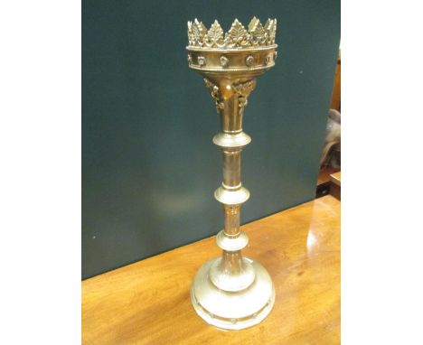 A Gothic-style brass candlestick and a pewter bowl (2)  
