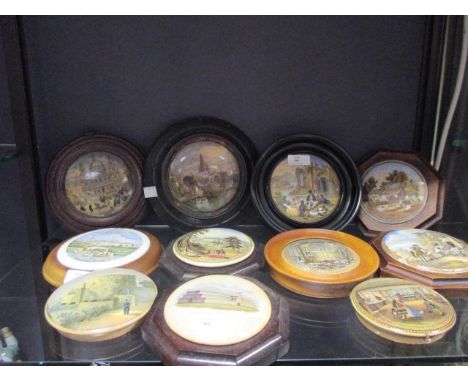 A quantity of Pratt type pot lids to include landscapes and architectural scenes: Holy Trinity Church Stratford, Choir of the